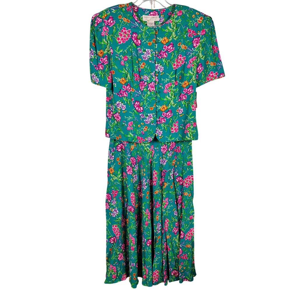 NWT Maggy London Womens SZ 16 Floral Skirt Set Teal Rayon Cottagecore 33350